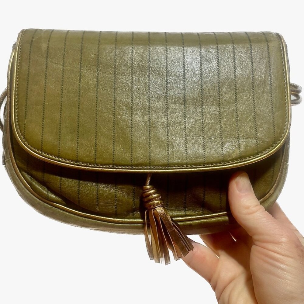 VTG Barbara Bolan Italy Metallic Eel Skin Crossbody - Olive Bronze